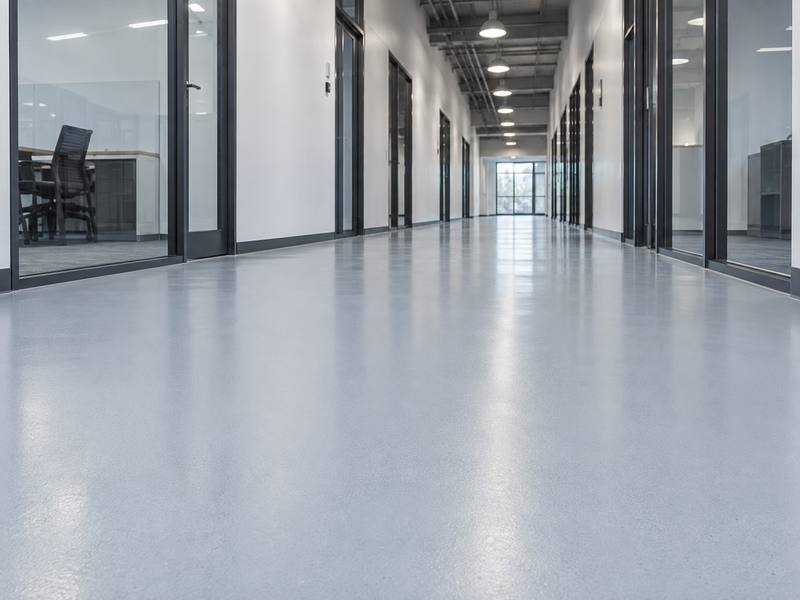 Light grey epoxy flooring down an office hallway in Red Deer