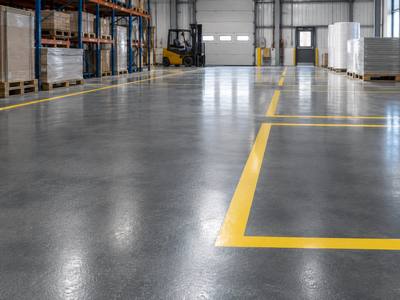 Forklift lane marked in yellow on a warehouse floor