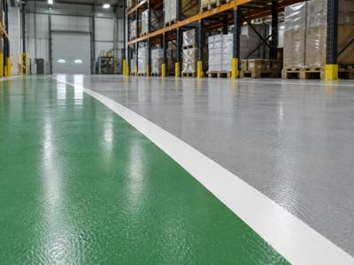 Green walkway with a white edge stripe in a warehouse
