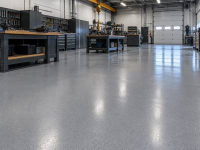 Grey epoxy floor in a maintenance shop with workbenches
