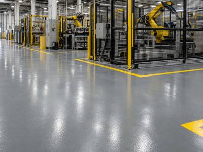 Yellow safety marking around a guarded robot cell