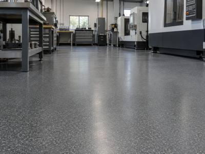 Flake epoxy floor in a machine shop toolroom