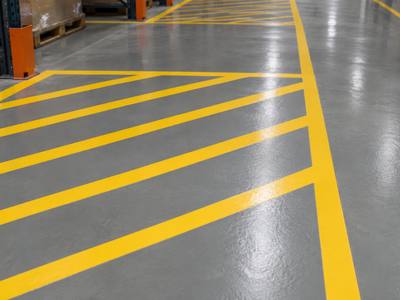 Yellow hatched forklift zone painted on a grey shop floor