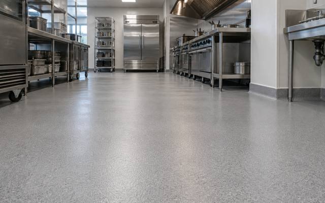 Commercial kitchen flooring in a Red Deer restaurant kitchen