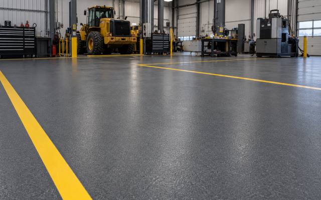 Shop floor coating in a heavy equipment service bay in Gasoline Alley