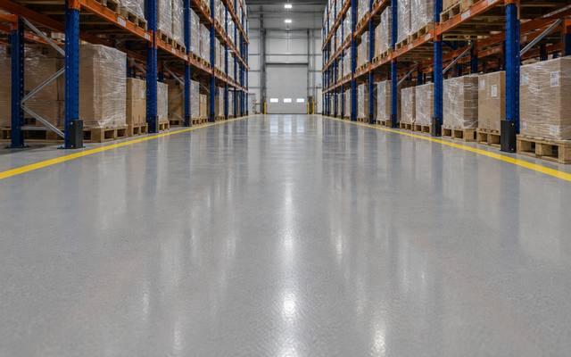 Warehouse floor coating between pallet racks in Central Alberta